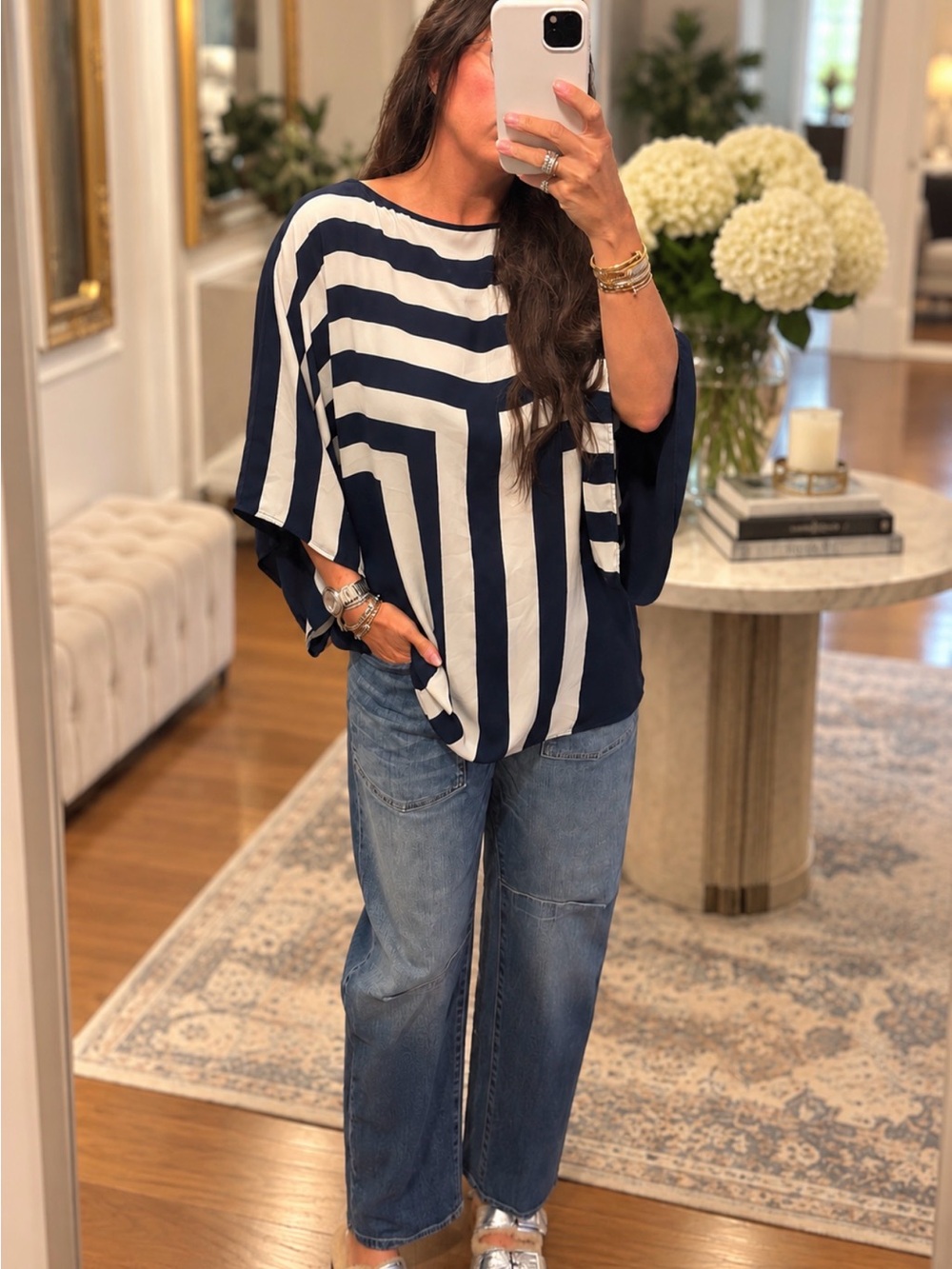 Ted Baker Navy and White Striped Boxy Dolman Top